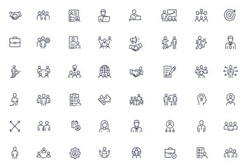 Business icons collection with teamwork, corporate handshake, meeting, computer, employment, cooperation, communication, partnership, management, and office training pictograms