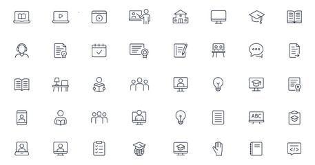 Education and e-learning icon set for online study, training, teacher, school, student, classroom, course, webinar, chat, video call, graduation, and digital learning vector illustration, study tools