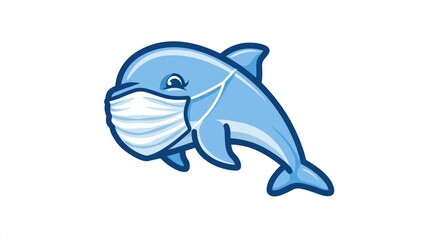 Obraz premium Cartoon dolphin wearing a protective medical mask on a white background