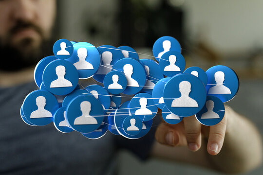 Close-up of a person interacting with an abstract digital network, illustrating social media and connections. Focus on technology. - Powered by Adobe