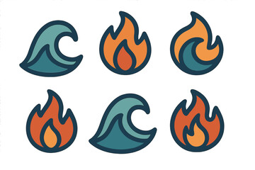 Stylized symbols of fire and water elements showing dynamic combination and duality