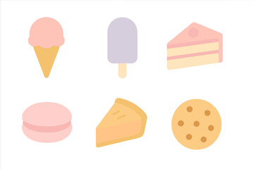 Assortment of sweet dessert icons featuring ice cream cone macaron and pie slices