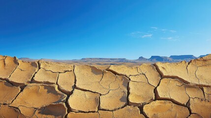 Vast cracked desert landscape under a clear blue sky- symbolizing arid climate and natural dryness.