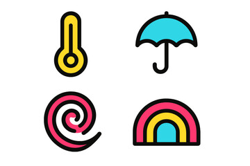 Four colorful abstract icons featuring weather elements like thermometer, umbrella, and rainbow