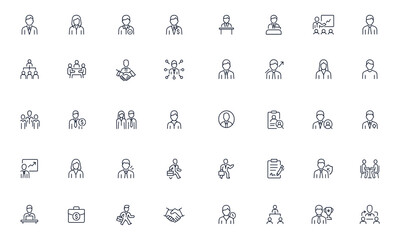 Business and corporate employee icons set, professional businessman symbol set with editable vector illustrations for office work, management, leadership, career, finance, teamwork