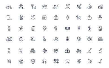 Farming and agriculture line icons set with editable stroke, including farmer, tractor, crops, soil, and planting tools. Vector illustration of rural harvest, organic cultivation, greenhouse