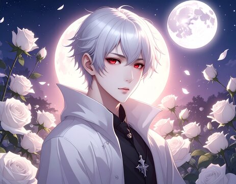 Ethereal anime boy with striking red eyes surrounded by white roses under a full moon - Powered by Adobe