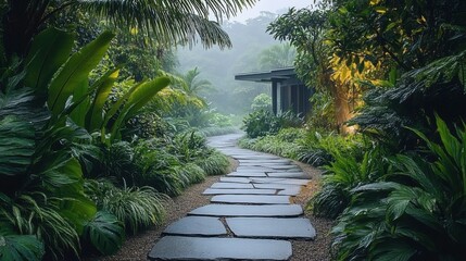 Stone pathway winding through dense- misty tropical rainforest- surrounded by lush green foliage- creating a tranquil and immersive nature experience.