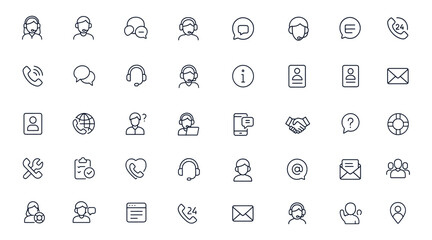 Customer service line icons set for support center, communication, online chat, call operators, reception staff, inquiries, client contact, website, app, FAQ, and more, vector illustration