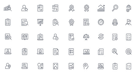 Audit and assessment icons set, vector illustration with editable stroke, analysis, evaluation, planning, quality review, inspection, performance, goal setting, measurement, and business strategy