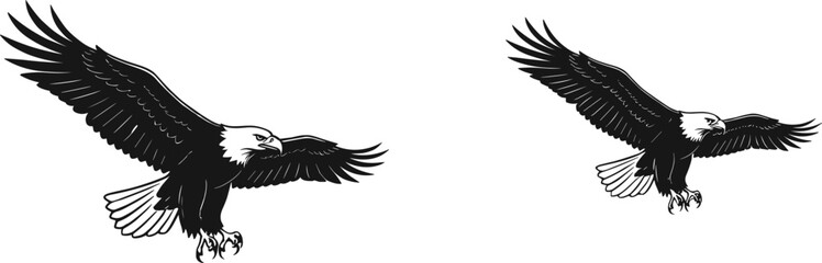Flying bald eagle illustration, black and white eagle drawing, majestic bird in flight, powerful wildlife symbol, freedom and strength concept
