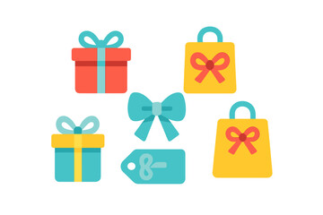 Colorful assortment of gift boxes shopping bags and decorative bows icons