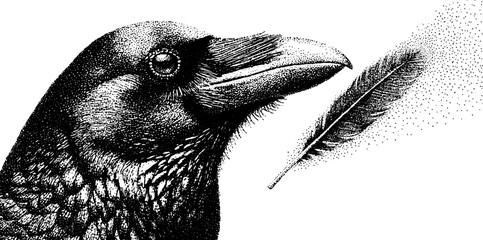 Fototapeta premium Intricate raven with feather in stipple dotwork for artistic print design