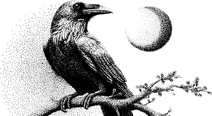Fototapeta premium Detailed dotwork stippling illustration of a raven perched on a branch with moon in the background
