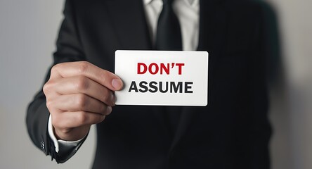 Businessman holding a card with bold don't assume text against gray background