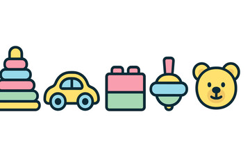 Collection of colorful simple icons representing baby and toddler playthings
