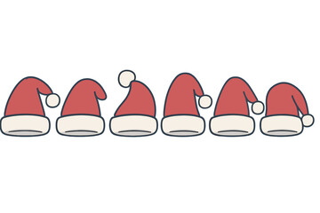 Six distinct red and white Santa hats arranged in a horizontal row