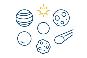 Collection of simple line icons depicting celestial bodies and various space objects