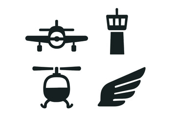 Aviation and flight icons set featuring airplane helicopter control tower and wing symbols
