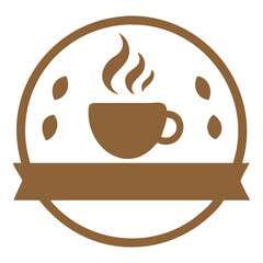 Coffee cup emblem with steam and leaves for cafes and beverages isolated on white background