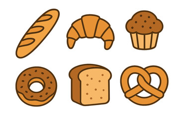 Set of common baked goods icons featuring bread, croissant, donut, and pretzel shapes