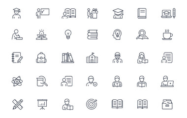 Study and education icon set with student, classroom, graduation, training, notebook, computer, reading, textbook, stationery, academic success, growth, and learning concept vector illustration