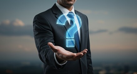 Professional businessman presenting a glowing blue question mark, symbolizing inquiry, curiosity, or a complex problem needing a solution in a modern business context.