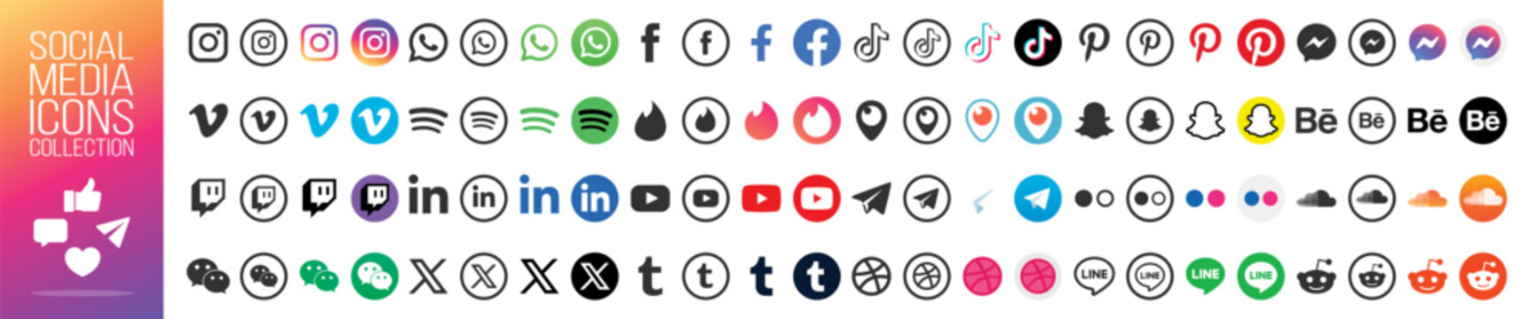 Social Media icons collection in color and outline style on transparent background. UKRAINE, KYIV, 6 OCTOBER, 2025