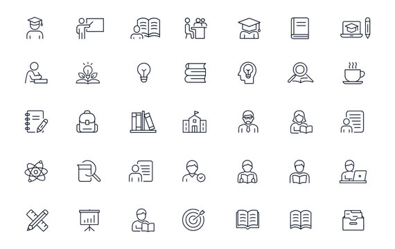 Study and education icon set with student, classroom, graduation, training, notebook, computer, reading, textbook, stationery, academic success, growth, and learning concept vector illustration