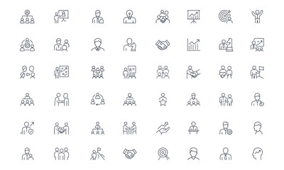 Business leadership icons set for management, teamwork, corporate planning, success, strategy, negotiation, employee growth, and cooperation, professional vector illustration, motivation, career