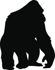 Black gorilla silhouette in crouching posture, muscular primate icon representing strength, wildlife, jungle animal, and nature-themed design