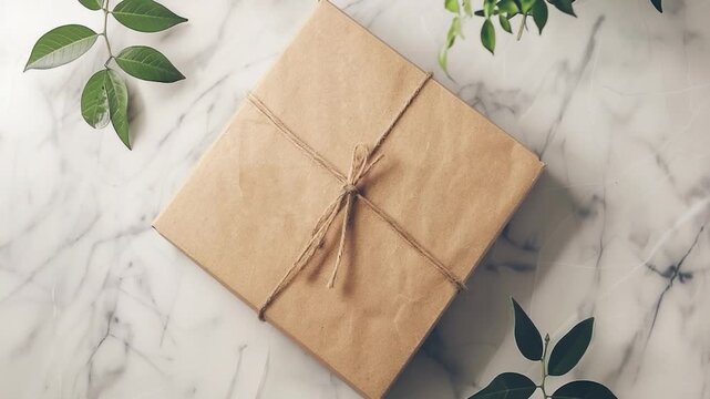 Video clip A wooden box tied with twine sitting on a smooth white marble surface