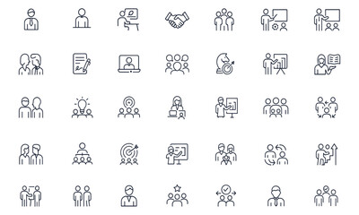 Business and meeting icon set for teamwork, corporate communication, client proposals, marketing strategy, training, telecommuting, presentations, and professional collaboration, vector illustration