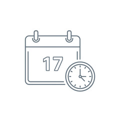 A simple line icon of a calendar showing a specific date, alongside a clock, representing scheduling and time management.