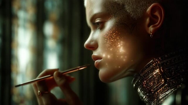 In a serene sanctuary, a nonbinary mage delicately applies makeup while a glowing hearing rune shimmers behind them. The atmosphere is filled with an enchanting aura and soft light.