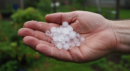 Witness the raw power of nature as icy hailstones rest in a person's open palm, a striking visual of weather's unpredictable force and beauty.