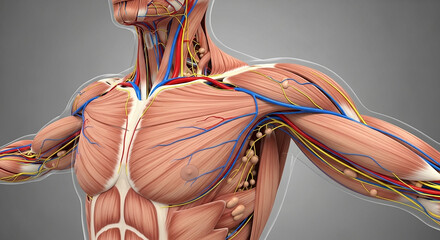 A detailed 3D illustration of the human upper body anatomy showing the muscle structure, arteries and veins, and nerve tissue in the chest, shoulders, and arms. This image is used for medical educatio