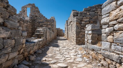 Abandoned stone ruins under blue sky with clear weather, showcasing the historic architecture of an ancient village in a beautiful landscape setting