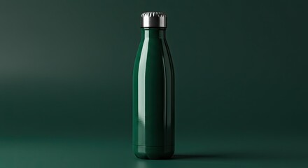 Sleek modern dark green reusable water bottle with silver cap isolated on a deep green studio background, perfect for eco conscious lifestyle branding and hydration campaigns.
