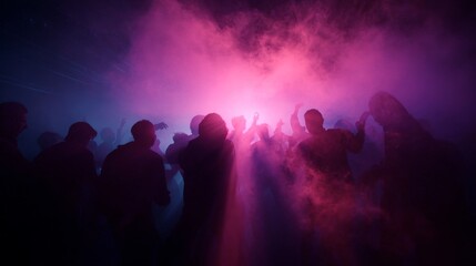 Fototapeta premium Exploring the night: a fusion of colorful lights and misty mystique. Movie artwork. Energetic dimensions: vivid colors and thick smoke in a darkened venue. Promotional poster. Scifi poster.