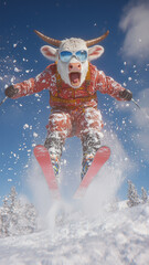 Fototapeta premium Crazy bull skier jumping in snow, concept of fun, freedom and winter sports.