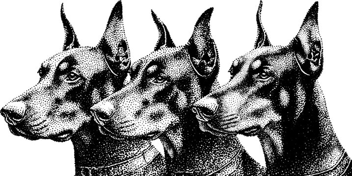 Intricate dotwork illustration of a three-headed canine in stipple style