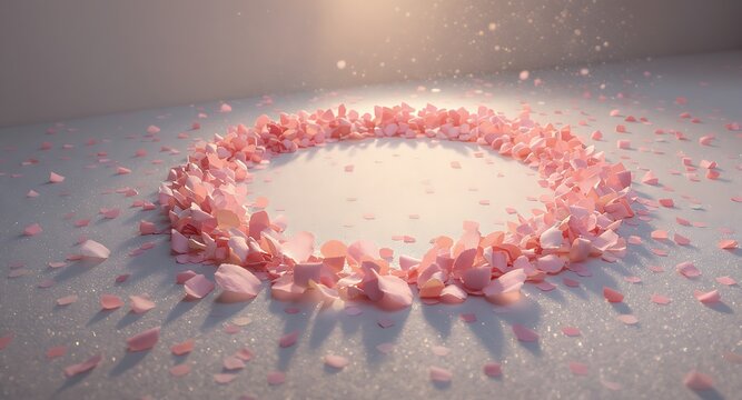 Circle of delicate pink rose petals scattered on smooth surface with soft light