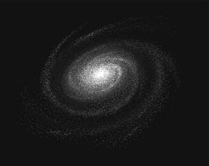 Vector stippling illustration of a spiral galaxy with glowing core and swirling star arms. Space artwork in dotwork style