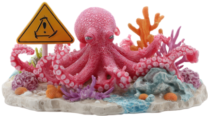 Pink octopus and coral reef with warning sign isolated on transparent background