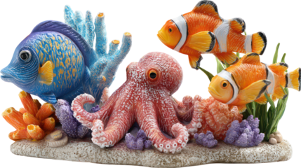 Colorful aquarium decoration with fish octopus and coral isolated on transparent background