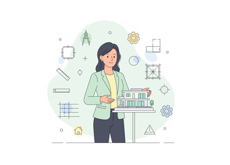 A female architect or designer presenting or reviewing a model of a contemporary house. She is standing confidently in professional attire, holding the scale model with care.