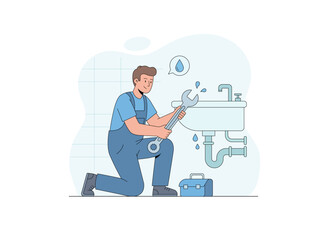 Plumbers are working to repair leaking water pipes. He is holding a large wrench and is focused on fixing a problem with a bathroom sink.