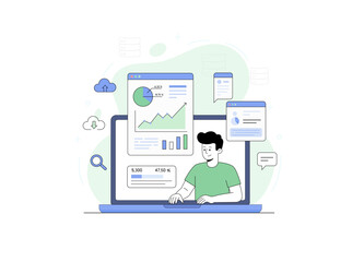 Fototapeta premium The concepts of business analytics, big data research, online marketing, performance analysis, and IT. A data analyst or digital marketing specialist working on a laptop.