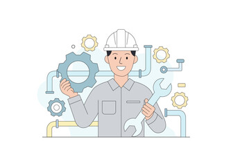 Young engineer or technician wearing a white hard hat and a light grey work suit. Concepts of maintenance, mechanical engineering, and troubleshooting related to machinery and infrastructure.